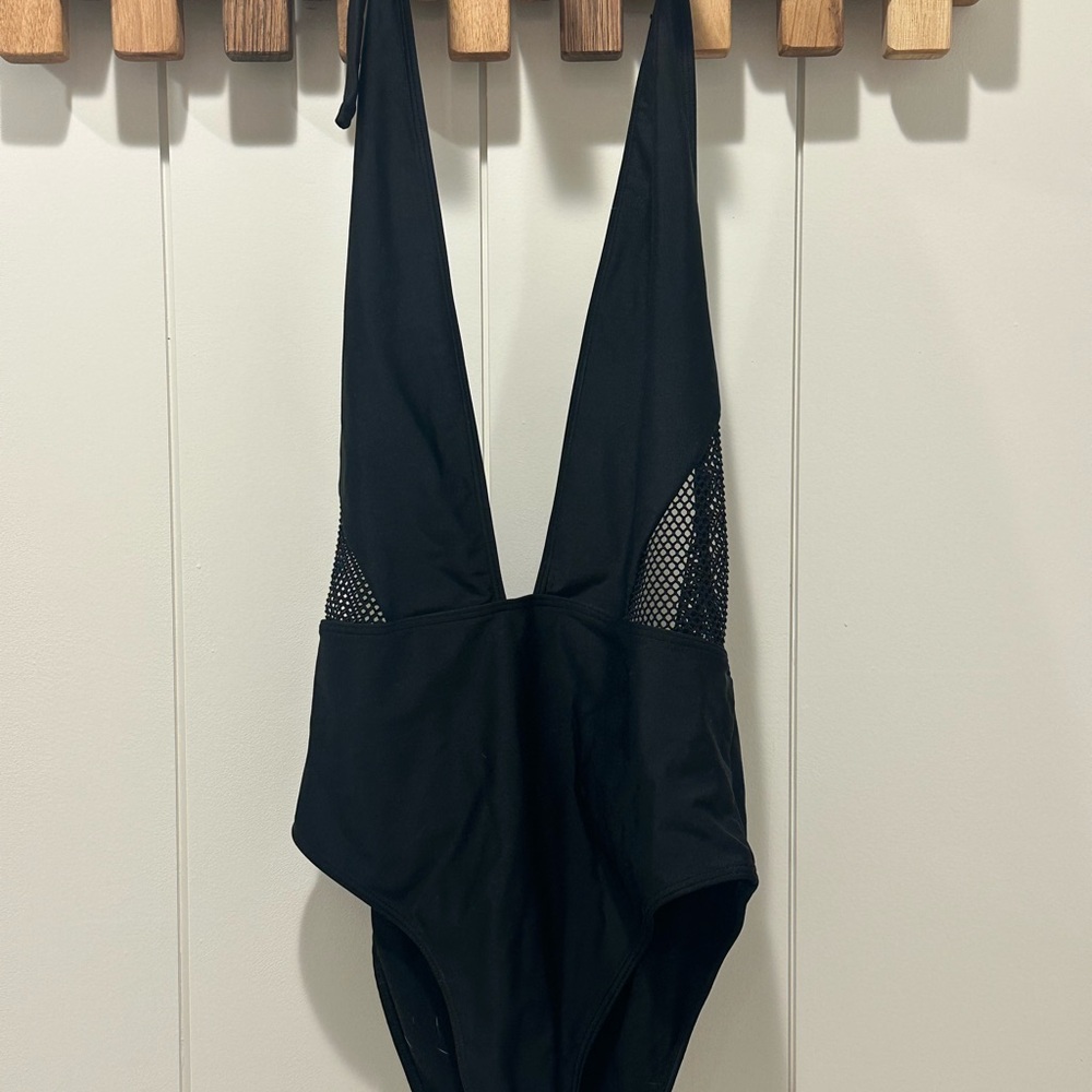 Black One-Piece Swimsuit with Mesh Side Panels